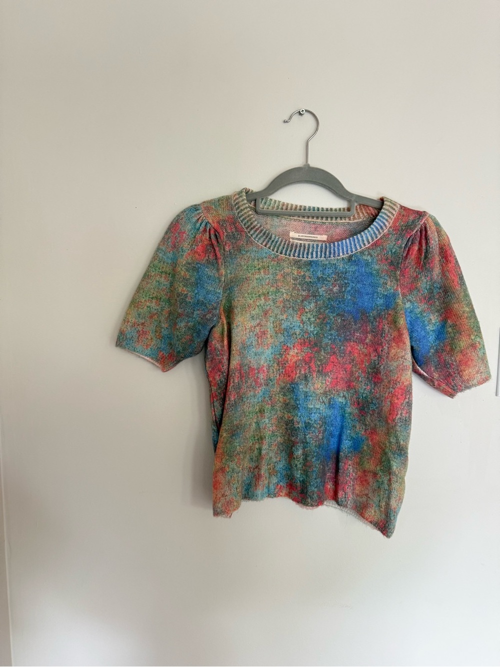 Anthropologie Multicolor Short Sleeve Knit Top in Blue, Green & Red